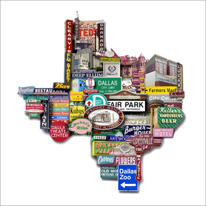 Dallas Photomontage Wall Decor Texas Shape Photomontage by Carl Crum, inspired by original photographs arranged collage-style into a Texas-shaped photomontage of Dallas signs, landmarks, and city memories, available at crumart.com. This museum quality print is made right here in Texas.