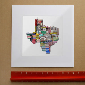 Dallas Wall Decor Texas Shape Photomontage by Carl Crum, inspired by original photographs arranged collage-style into a Texas-shaped photomontage of Dallas signs, landmarks, and city memories, available at crumart.com. This museum quality print is made right here in Texas.
