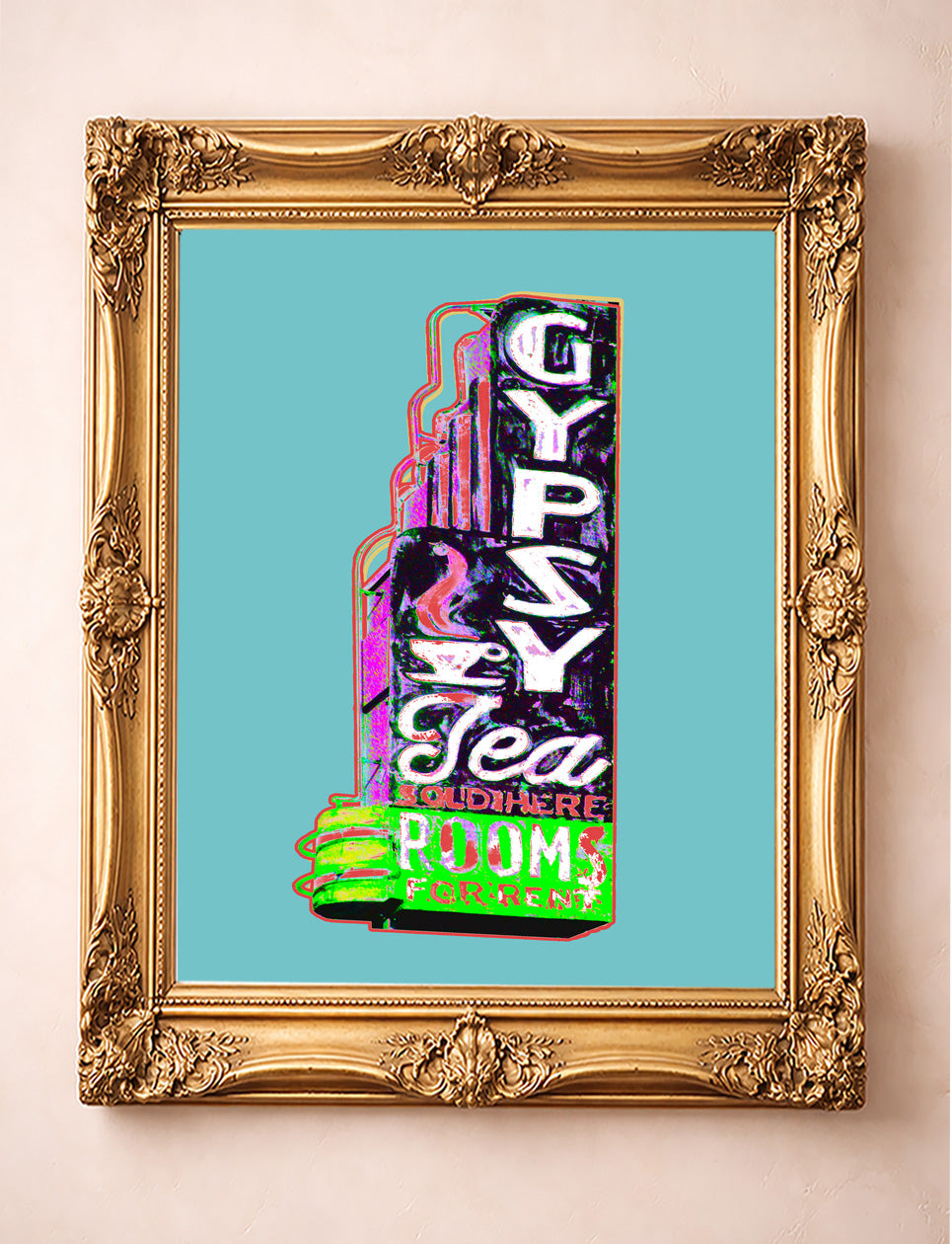 Gypsy Tea Room Dallas neon sign art print by Betsy Crum in a gold frame