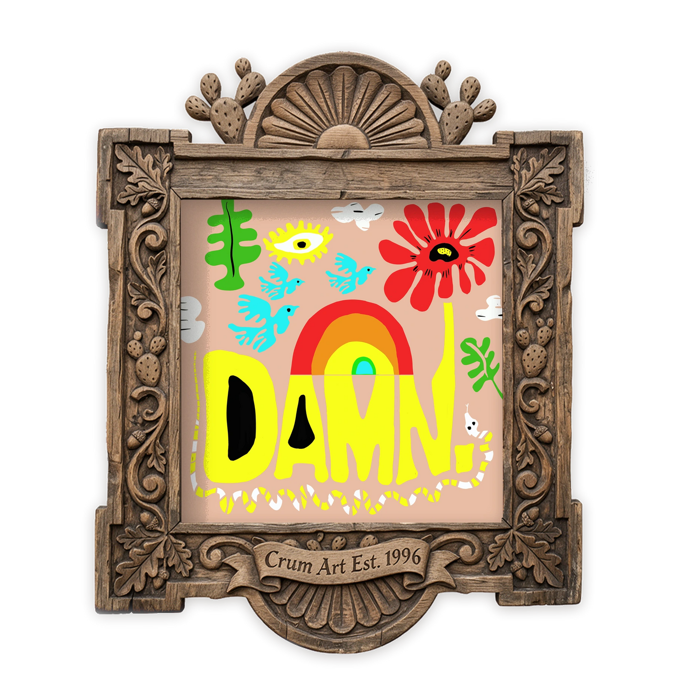 Funny Wall Art | DAMN. Jungalow Print | Betsy Crum — Pink — art print in a carved wood frame, Crum Art