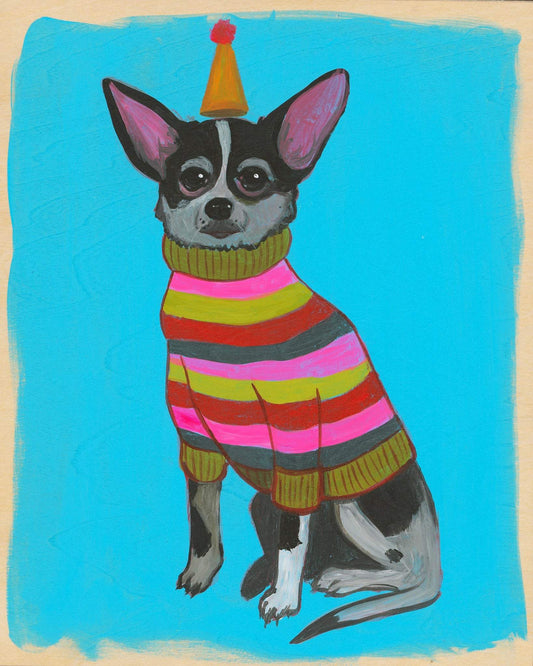 Colorful dog painting of a Chihuahua wearing a striped sweater and party hat on blue background