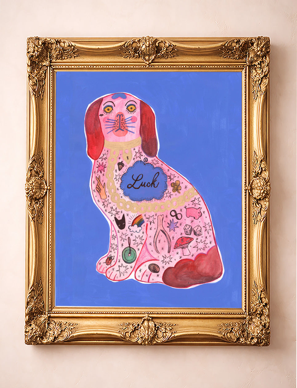 Pink Dog Art pink by Caya Crum is ideal for above a mantel or as part of a maximalist gallery wall.  Available in a variety of sizes up to 24x36" and all prints fit into standard size frames.  Curated Maximalism made in Texas, printed to order iin our Fort Worth Studio.  All Prints are signed by the artist and ready to gift or pop into a ready made frame. 