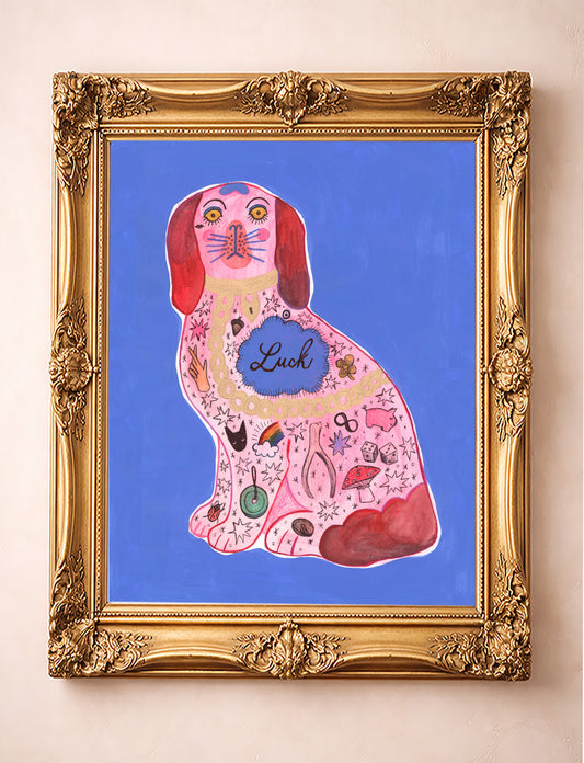 Pink Dog Art pink by Caya Crum is ideal for above a mantel or as part of a maximalist gallery wall.  Available in a variety of sizes up to 24x36" and all prints fit into standard size frames.  Curated Maximalism made in Texas, printed to order iin our Fort Worth Studio.  All Prints are signed by the artist and ready to gift or pop into a ready made frame. 