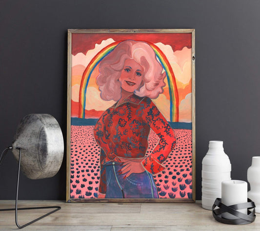 Dolly With Rainbow art print by Caya Crum featuring a stylized woman with pink hair and a rainbow background, modern colorful wall art.