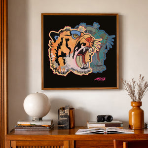 Dopamine Decor Tiger Art Print by Caya Crum, inspired by saturated color, roaring tiger iconography, and the kind of conversation-piece art that brings punch, humor, and edge to a playful interior, available at crumart.com. This museum quality print is made right here in Texas.
