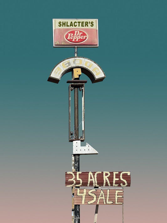 Dr Pepper art print with weathered Southwest style against New Mexico sky background