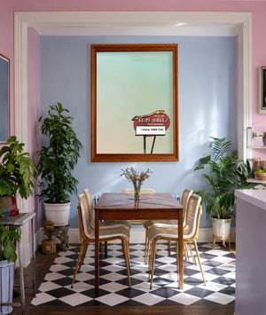 Earl Abel's marquee print by Betsy Crum framed in a pink and blue room, San Antonio wall decor