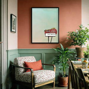 Earl Abel's San Antonio sign art print by Betsy Crum framed in a soft neutral corner