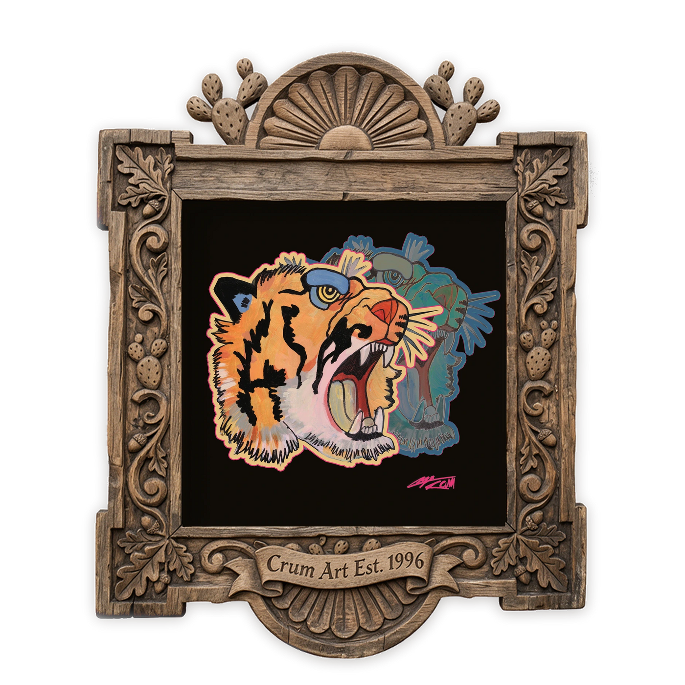 Tiger Art | Floral Tiger on Black | Caya Crum — art print in a carved wood frame, Crum Art