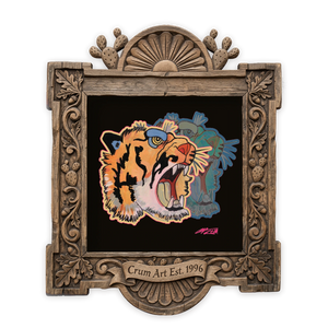 Floral Tiger on Black — tiger art print by Caya Crum in a square carved wood frame