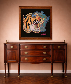 Floral tiger art print by Caya Crum shown in a western styled room