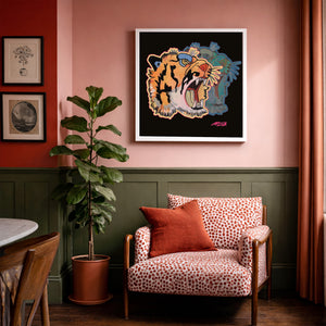 Pop art tiger print by Caya Crum in an eclectic urban room, exotic animal wall decor