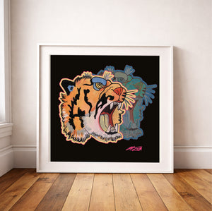 Tiger wall art with flowers by Caya Crum in a modern lifestyle room