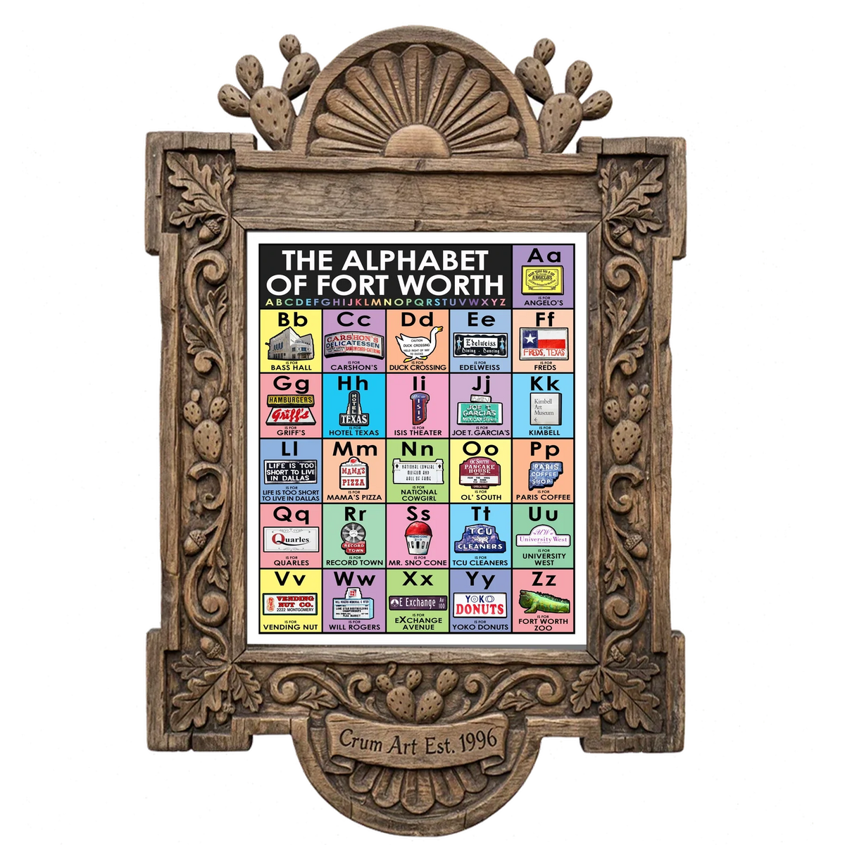 Alphabet Nursery Decor — Fort Worth art print by Betsy Crum in a carved wood frame