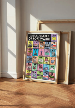 Alphabet Nursery Decor Fort Worth art print by Betsy Crum — neutral frame room mockup