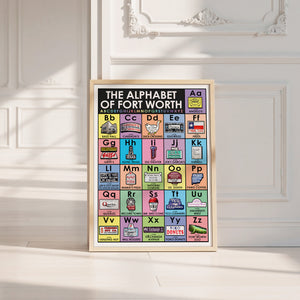 Alphabet Nursery Decor Fort Worth art print by Betsy Crum — neutral frame room mockup