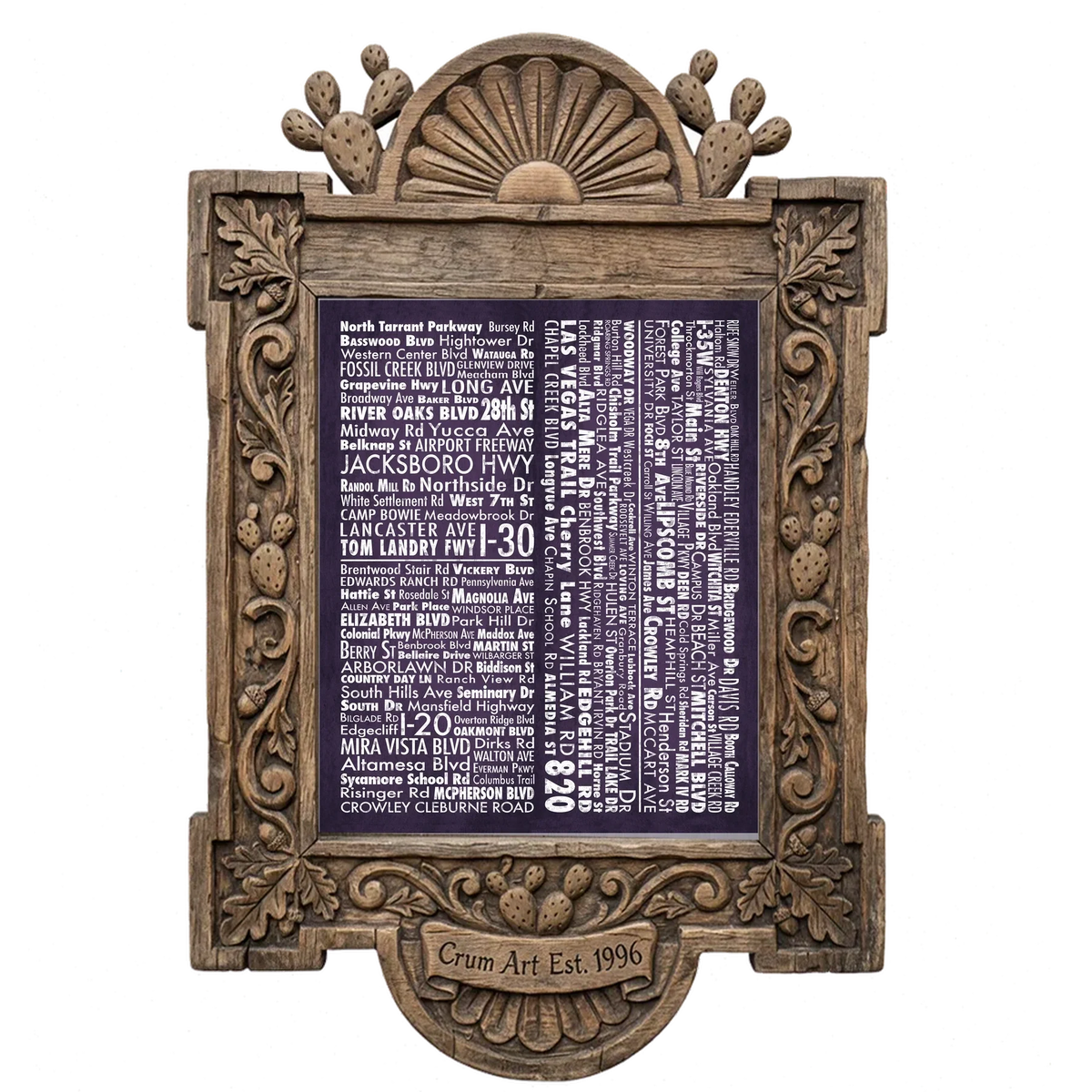 Street Names Map — Fort Worth art print by Carl Crum in a carved wood frame
