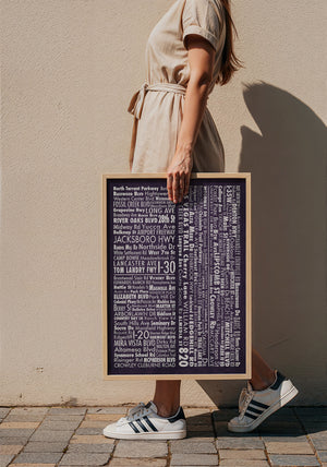 Fort Worth Street Names Map art print by Carl Crum — framed with velvet mat
