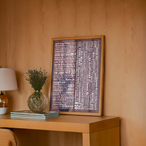 Fort Worth Street Names Map art print by Carl Crum — framed in a wood-accent room