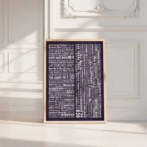 Fort Worth Street Names Map art print by Carl Crum — neutral frame room mockup