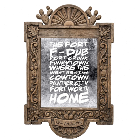 Fort Worth Nicknames — Fort Worth art print by Betsy Crum in a carved wood frame