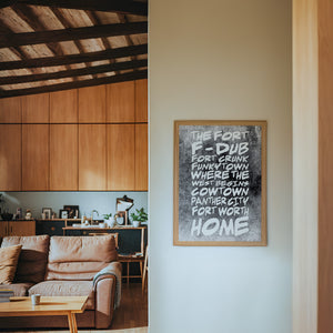 Fort Worth Nicknames Fort Worth art print by Betsy Crum — framed in a wood-accent room