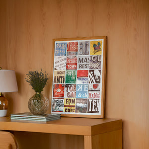 Iconic Fort Worth art print by Betsy Crum — framed in a wood-accent room