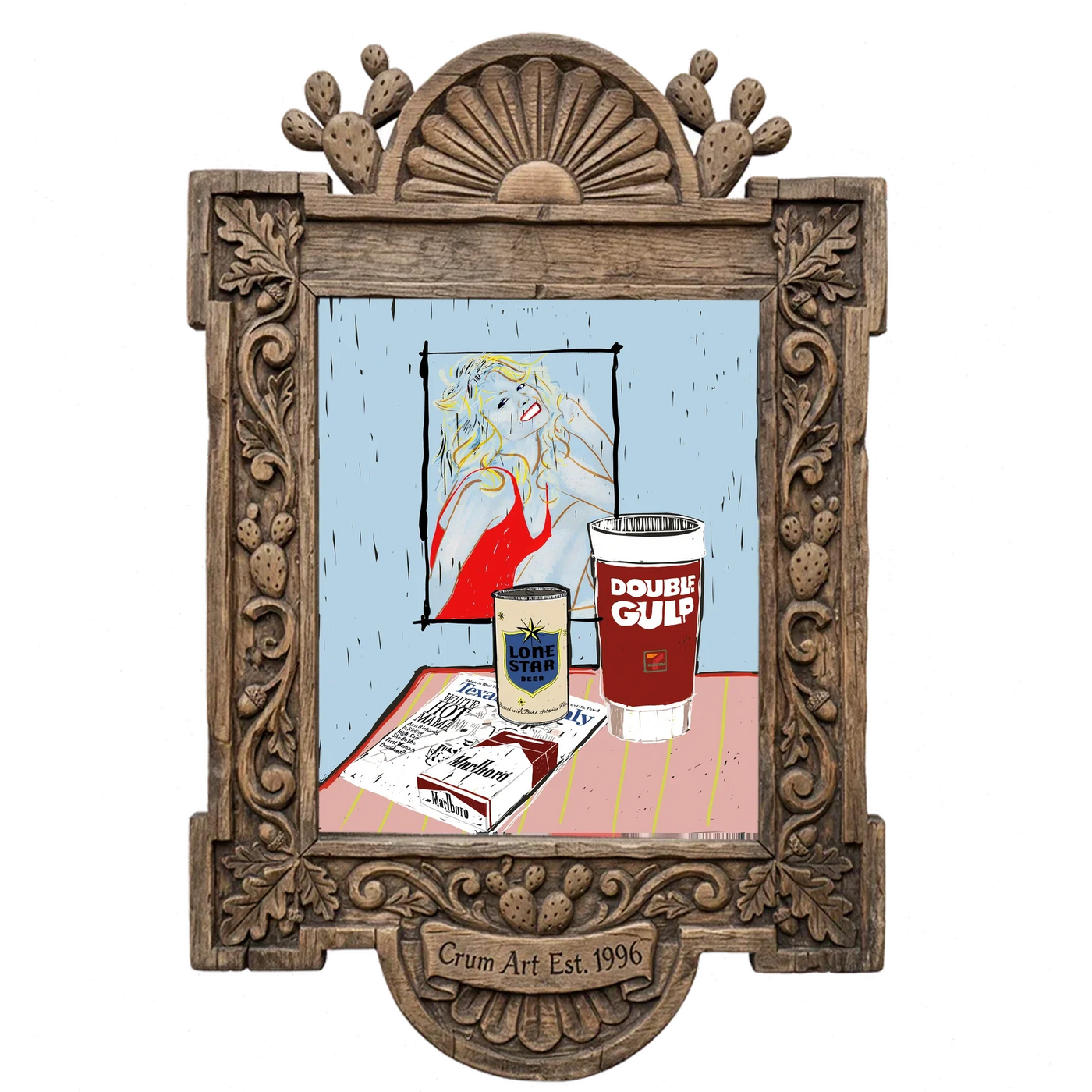 Red Swimsuit Poster Still Life — Farrah Fawcett art print by Betsy Crum in a carved wood frame