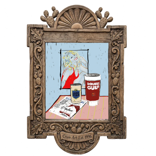Red Swimsuit Poster Still Life — Farrah Fawcett art print by Betsy Crum in a carved wood frame