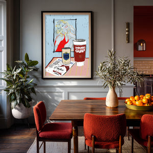 Texas icon wall art Farrah Fawcett still life print by Betsy Crum in a dining room