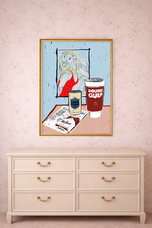 Texas icon wall art Farrah Fawcett still life print by Betsy Crum above a dresser