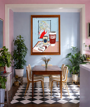 Texas icon wall art Farrah Fawcett still life print by Betsy Crum in a pink and blue room