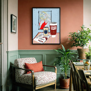 Texas icon wall art Farrah Fawcett still life print by Betsy Crum in a soft corner reading nook