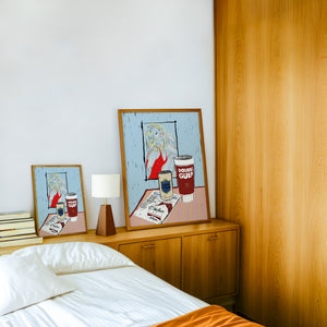 Farrah Fawcett Still Life Texas art print by Betsy Crum — framed in a wood-accent room