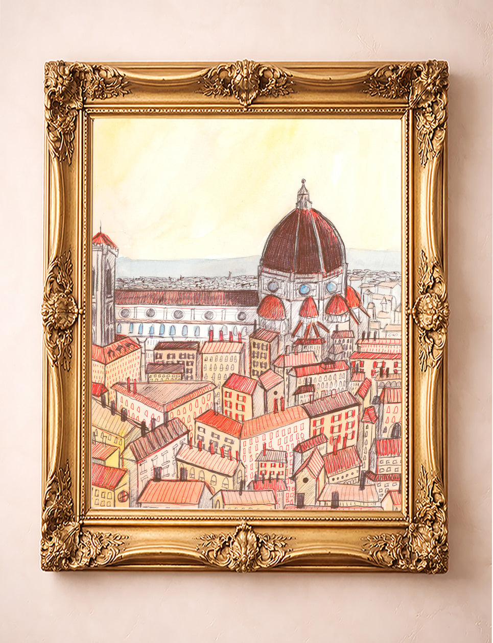 Pen and pencil sketchbook art print of Florence cityscape prominently featuring the Duomo on a light background.  Neutral tones and red ochre, a loose sketchbook piece that is signed by the artist, Caya Crum.