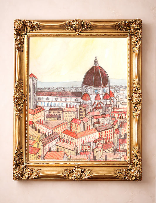 Pen and pencil sketchbook art print of Florence cityscape prominently featuring the Duomo on a light background.  Neutral tones and red ochre, a loose sketchbook piece that is signed by the artist, Caya Crum.