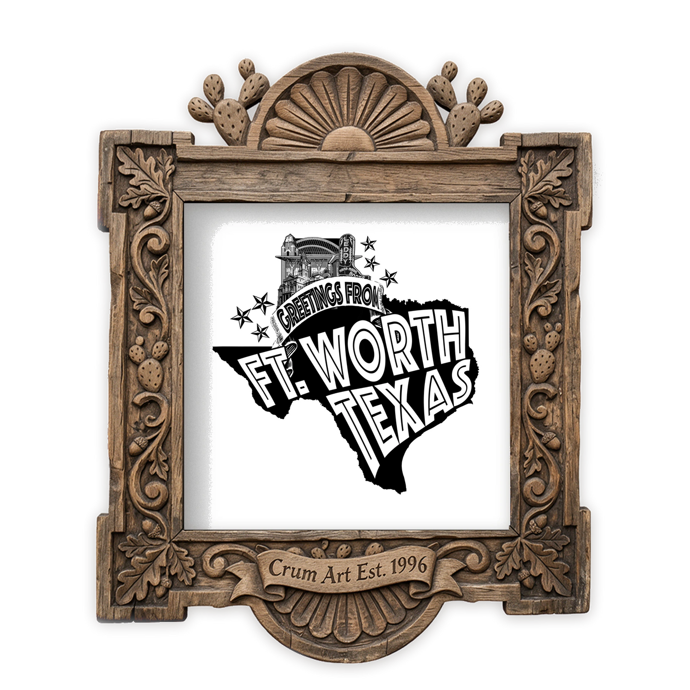 Fort Worth Art | Greetings From Fort Worth Print | Carl Crum — art print in a carved wood frame, Crum Art