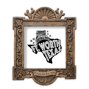 Greetings From Fort Worth — Fort Worth art print by Carl Crum in a square carved wood frame