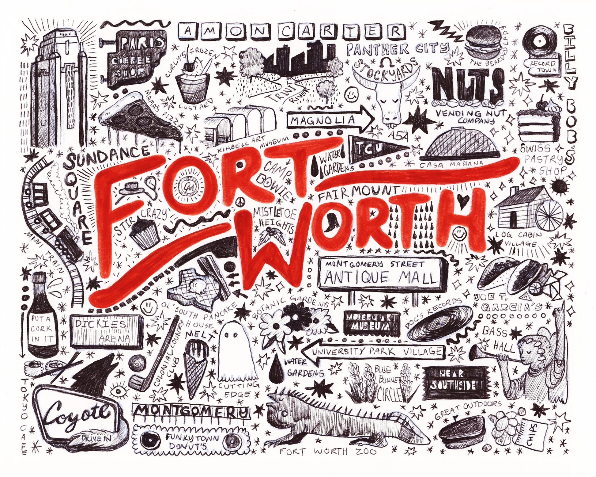 Fort Worth Art Print — Fort Worth Icons Pen and Ink Illustrations and Art | Caya Crum Art Crum Art