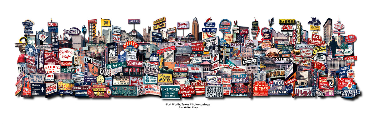 Fort Worth photomontage art print by Carl Crum, hand-signed Fort Worth wall art