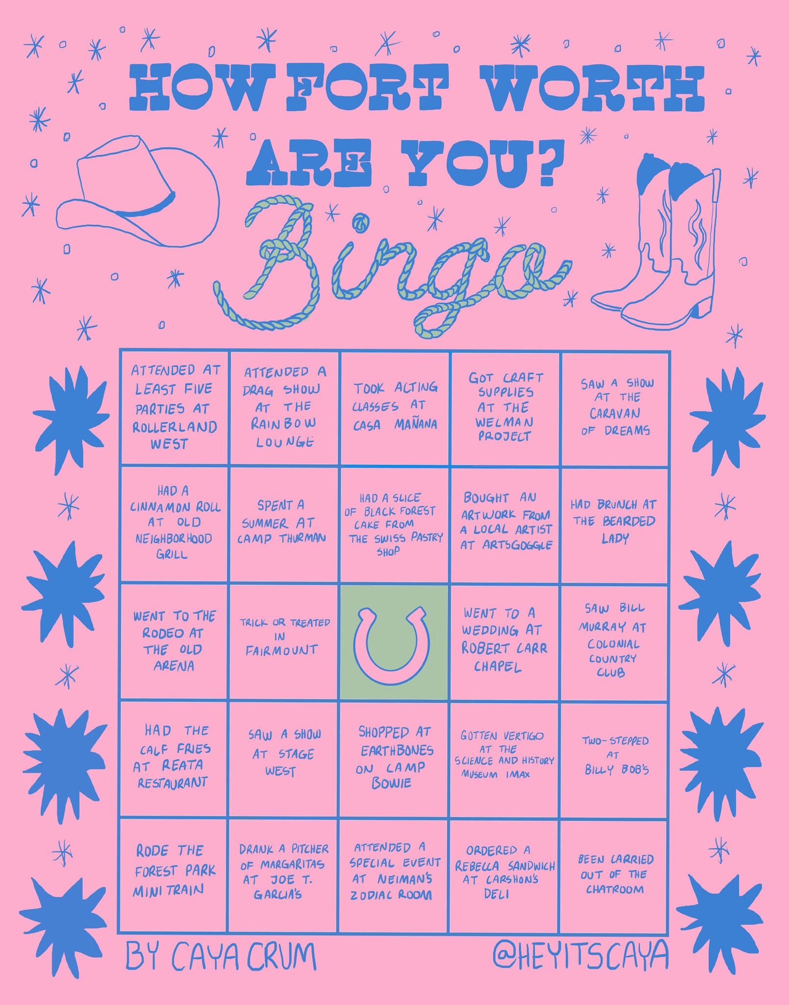 Fort Worth Art Prints — Fort Worth Bingo Card Pink Edition 3 Print | Caya Crum Art Crum Art