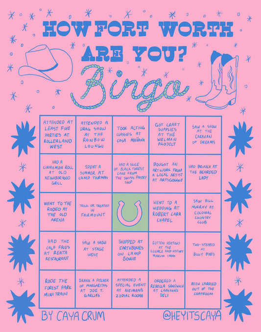 Fort Worth Art Prints — Fort Worth Bingo Card Pink Edition | Caya Crum