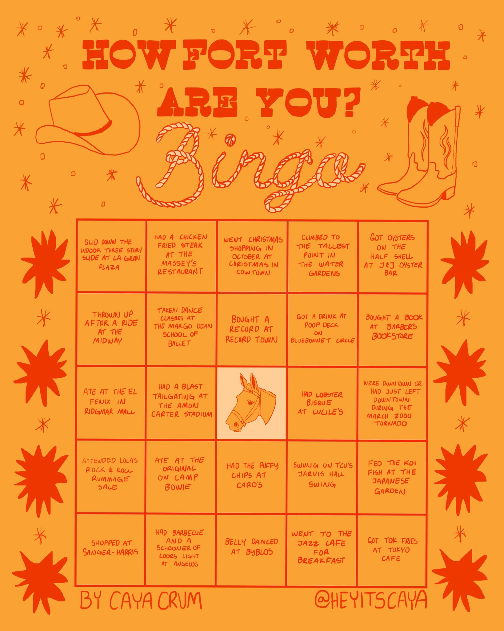 Fort Worth Art Prints — Fort Worth Bingo Card Print Orange Edition 4 | Caya Crum Art Crum Art