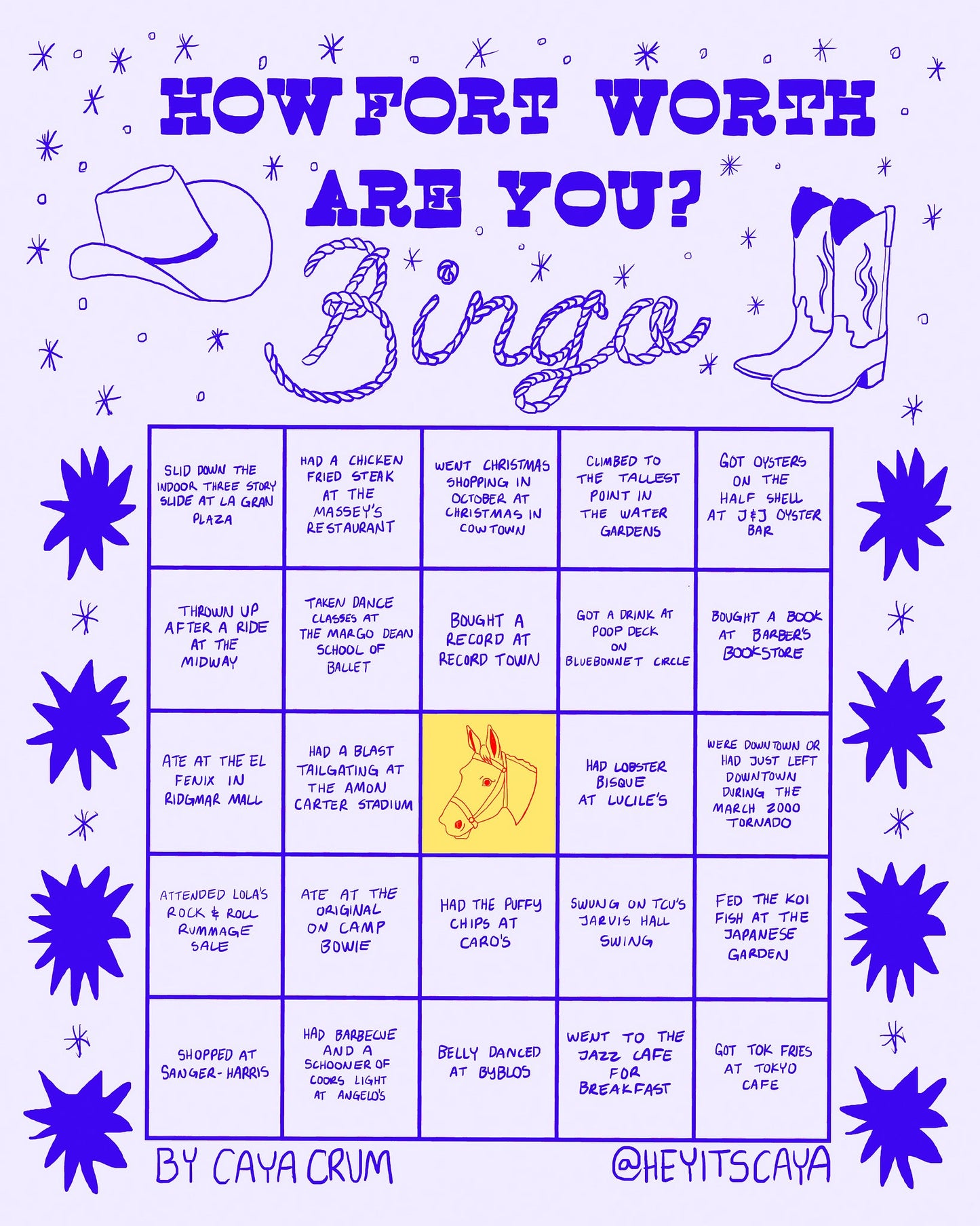 Fort Worth Art Prints — Fort Worth Bingo Card Purple Edition | Caya Crum