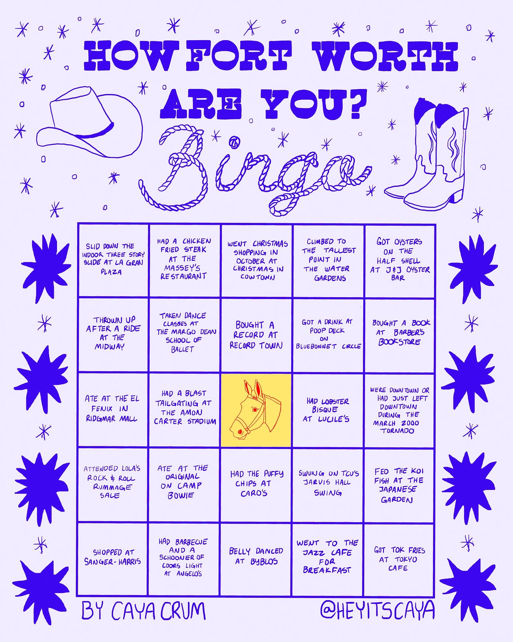 Fort Worth Art Prints — Fort Worth Bingo Card Purple Edition | Caya Crum