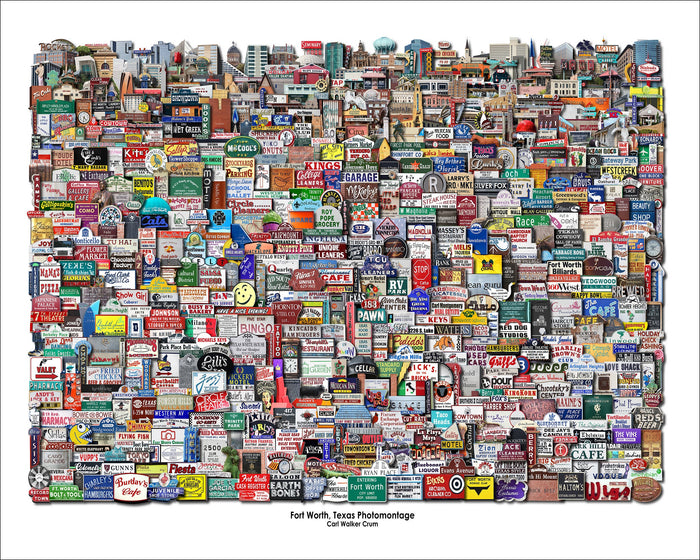 Fort Worth signs and landmarks photomontage art print by Carl Crum, hand-signed Fort Worth wall art