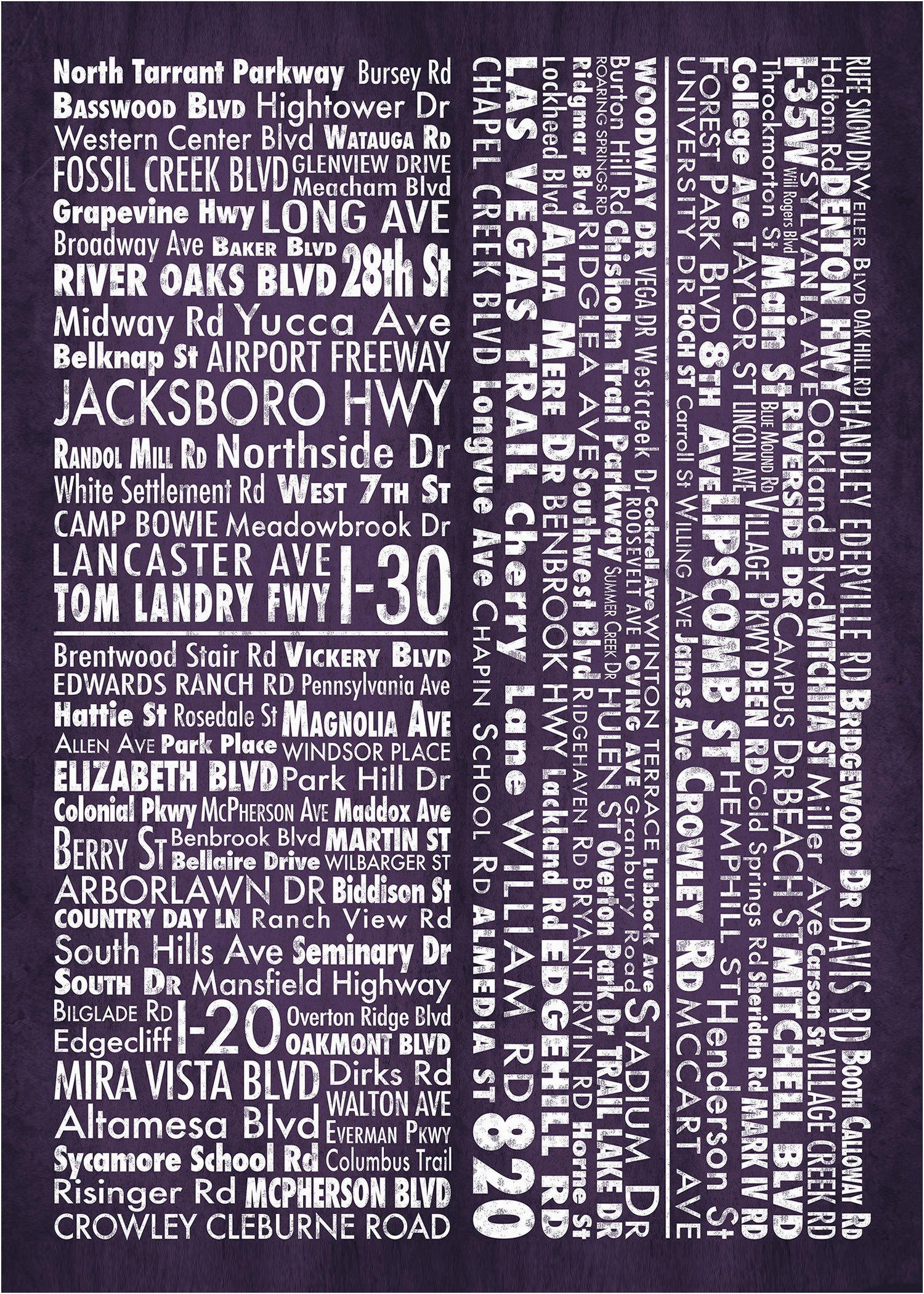 Fort Worth Art Prints — Fort Worth Street Names Wall Decor Black and White Prints | Crum Art