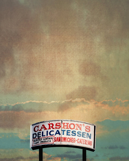 Fort Worth Art Prints — Fort Worth’s Iconic Southside Carshons Deli Print with a Moody Sky | Betsy Crum Art