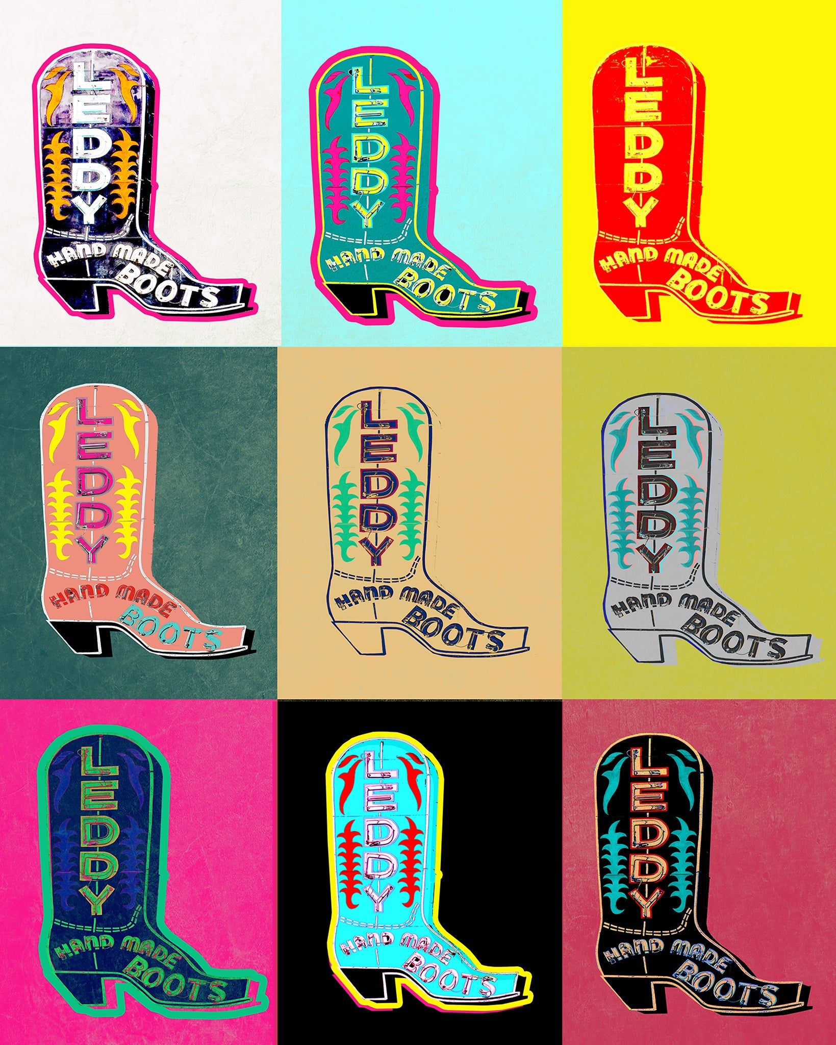 Fort Worth Art Prints — Leddy Boot in a Warhol Style Fort Worth Pop Art Print | Betsy Crum Art Crum Art