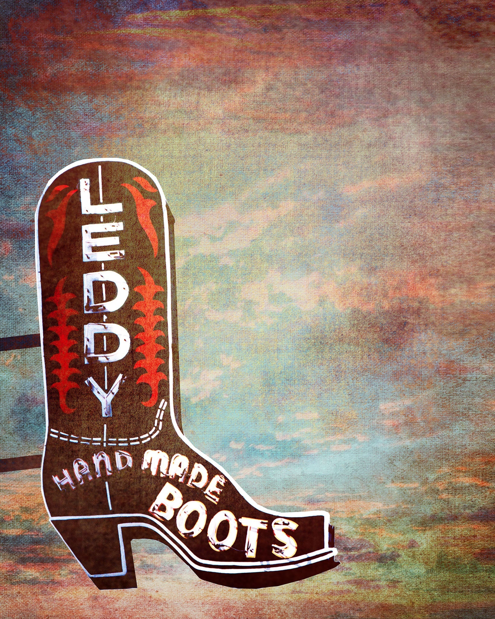 Fort Worth Art Prints — Leddy Boot with a Big Colorful Stockyards Sky Wall Decor and Gifts Betsy Crum Art Crum Art